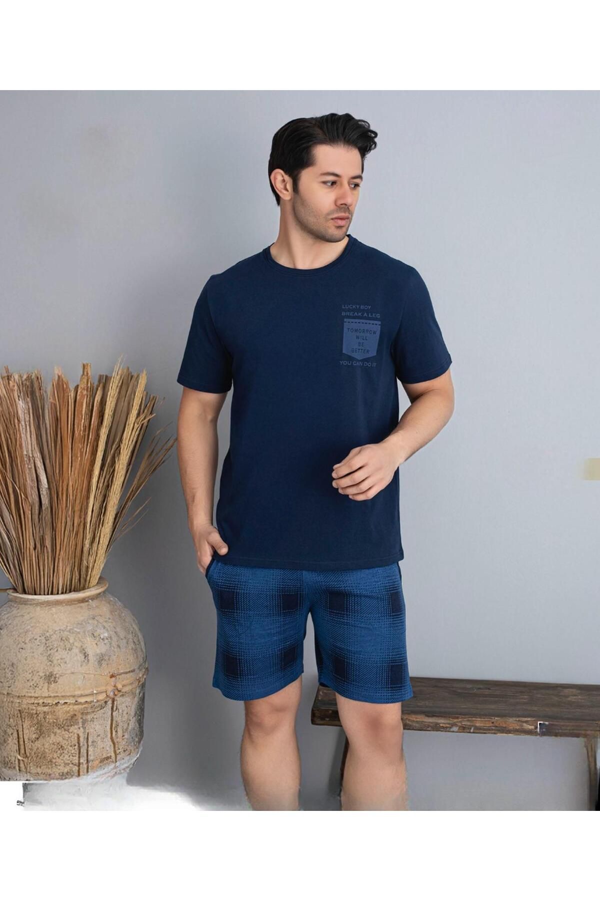 Pijamoni Erkek Bisiklet Yaka Kısa Kol Şortlu Pijama Takımı 6175/8 - 1 Adet