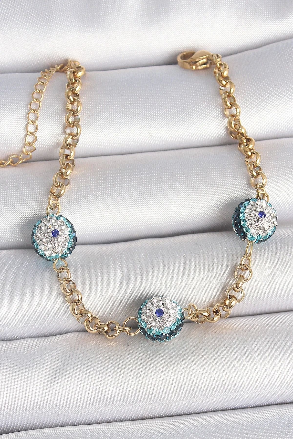 OurStyles 316L Çelik Gold Renk Zirkon Taşlı Nazar Boncuk Model Kadı Bileklik - TJ-BB6958