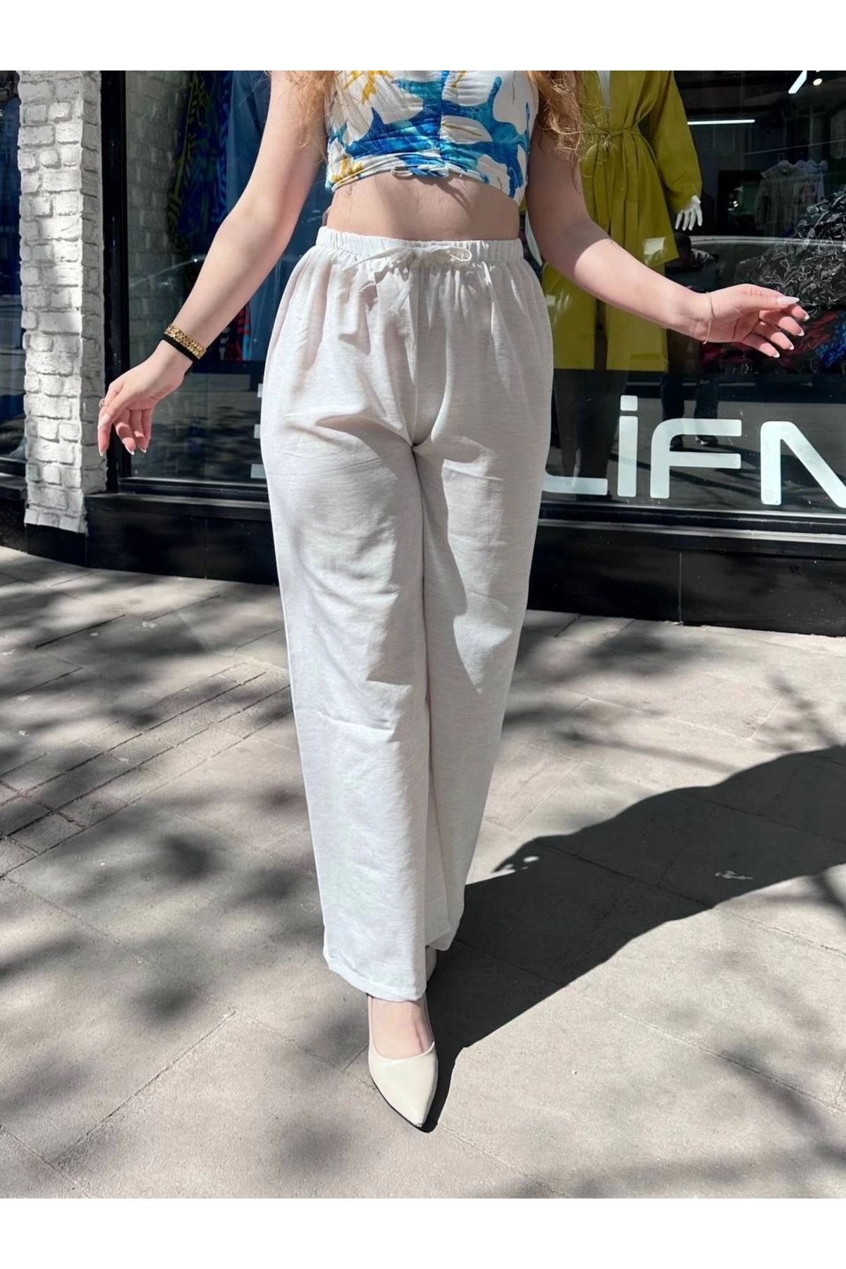 ufukmoda Bağcıklı keten pantolon krem
