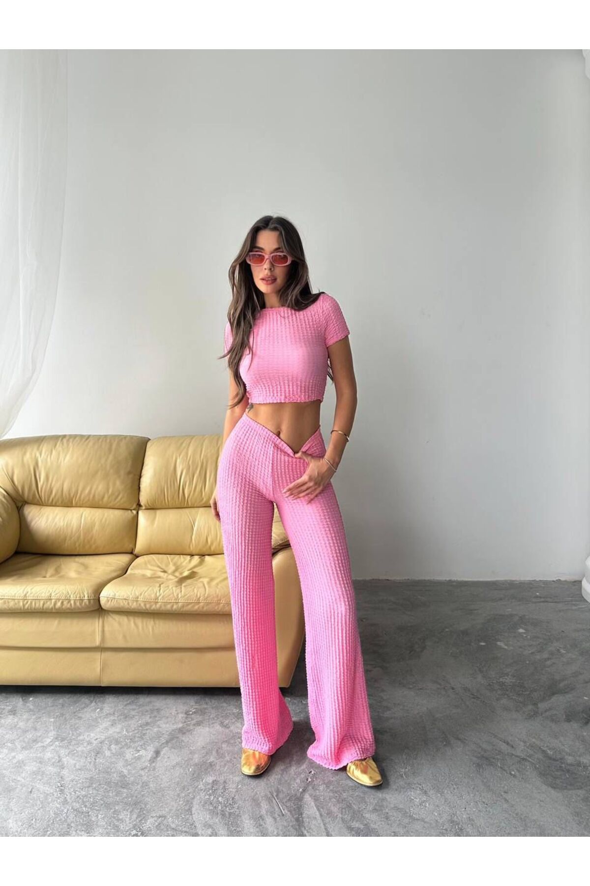 MuBe Offical Pembe Gofre Alt-Üst Crop Takım