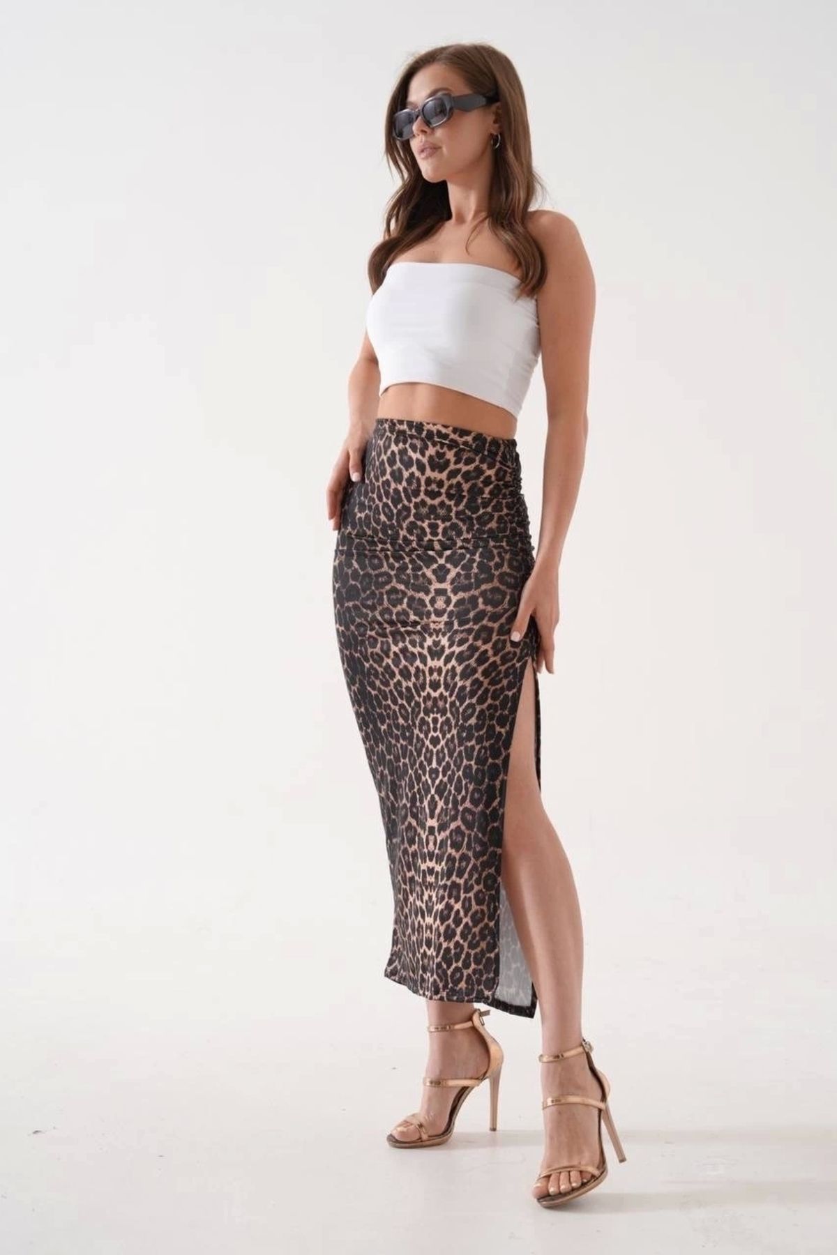 ufukmoda Uzun yırtmaçlı ince kumaş etek leopar