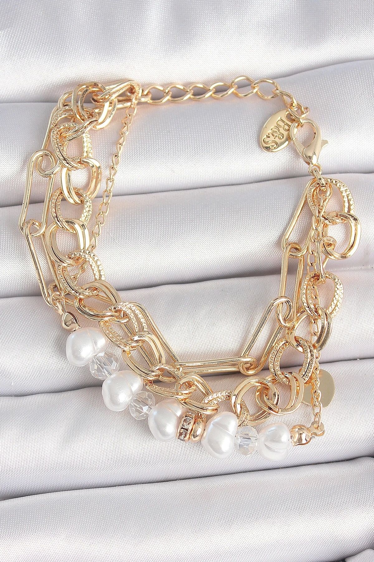 OurStyles Pirinç Gold Renk Çoklu Zincir Model İncilli Zirkon Taş Detay Kadın Bileklik - TJ-BB6960