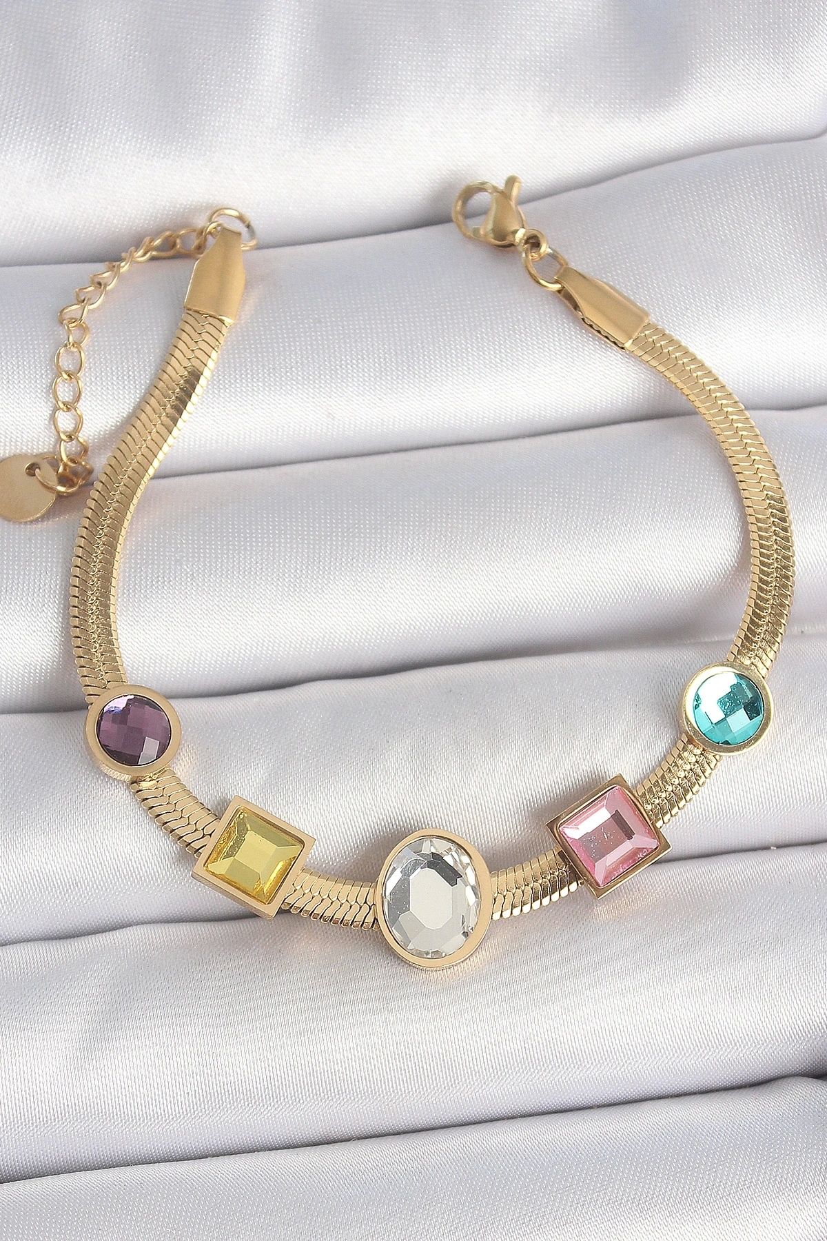 OurStyles 316L Çelik Gold Renk İtalyan Zincir Renkli Zirkon Taşlı Kadın Bileklik - TJ-BB6956