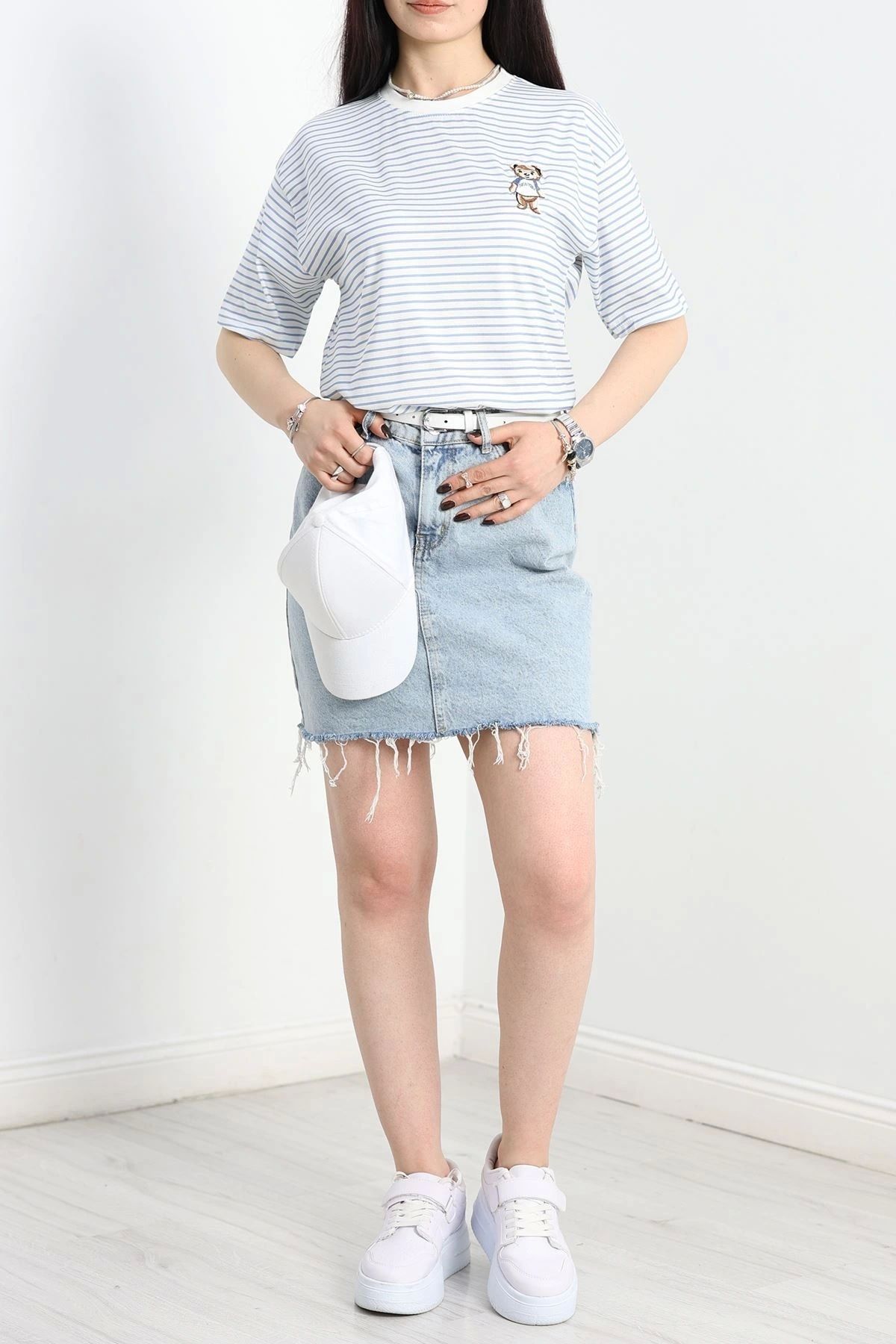 OurStyles Çizgili Oversize Tişört Beyazmavi - 70335.1872.