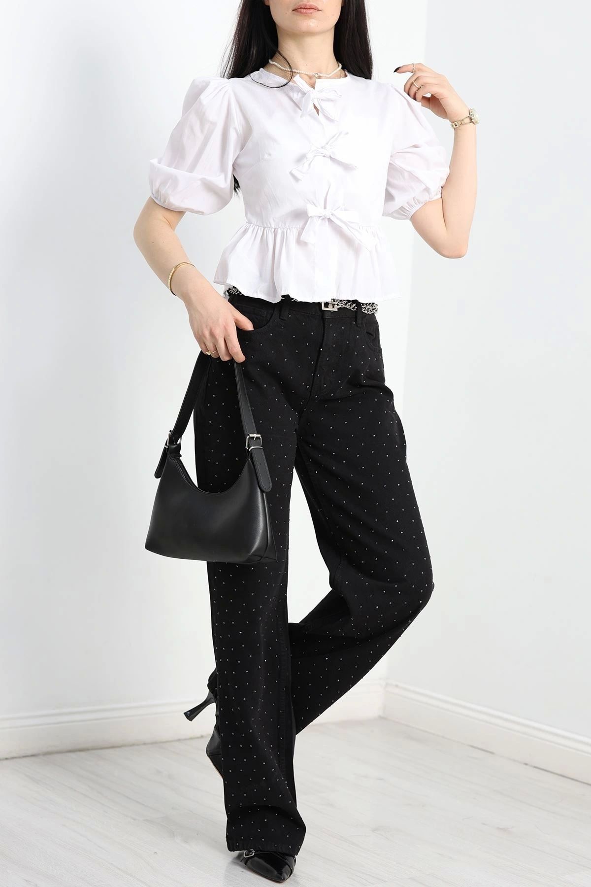 OurStyles Taşlı Palazzo Kot Pantolon Siyah - 30824.1904.