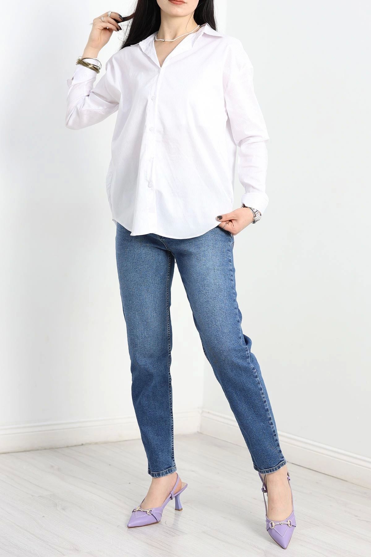 OurStyles Çizgili Terikoton Gömlek Beyaz2 - 80018.147.