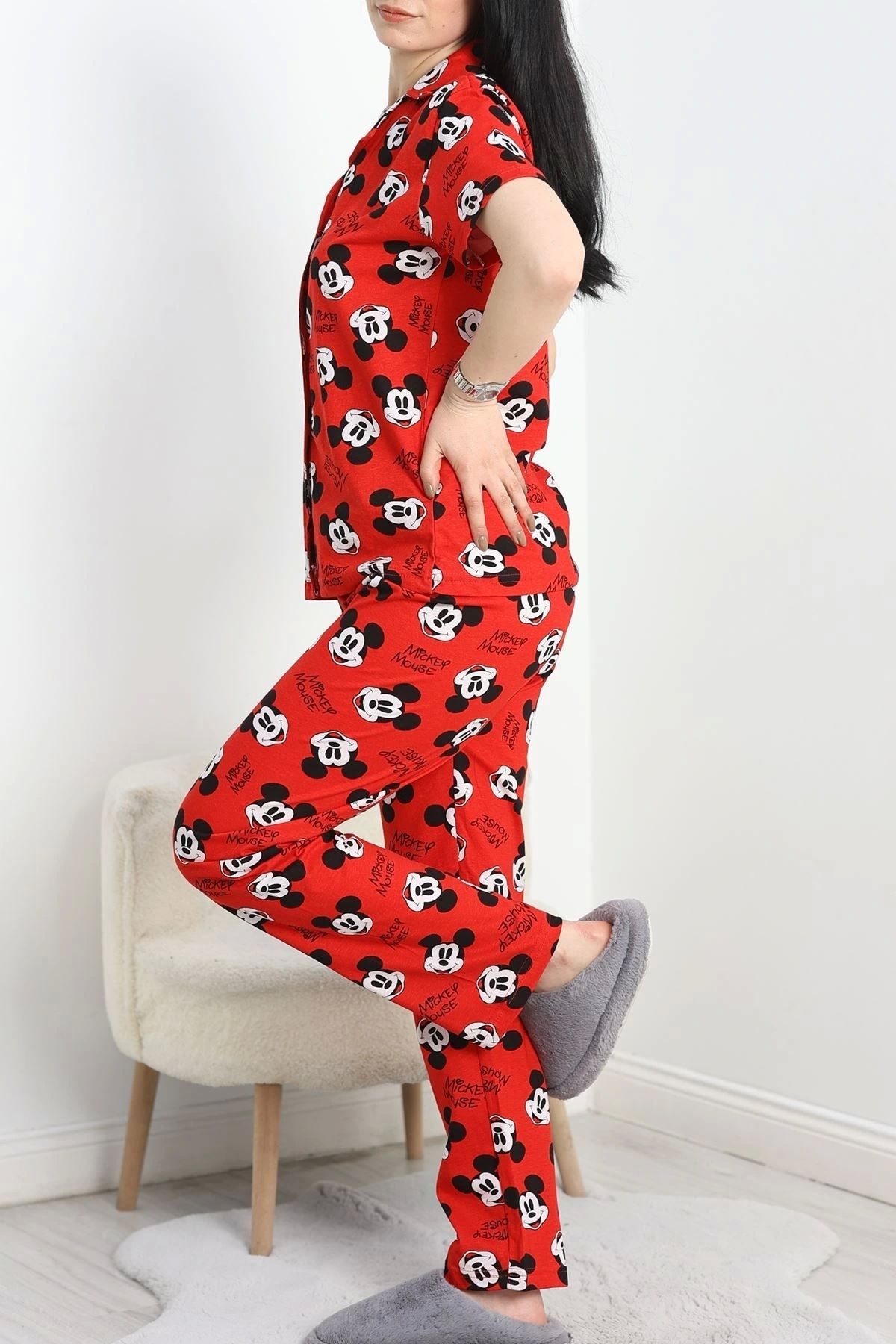 OurStyles Viskon Düğmeli Pijama Takımı Kırmızıbeyaz - 980.1287.