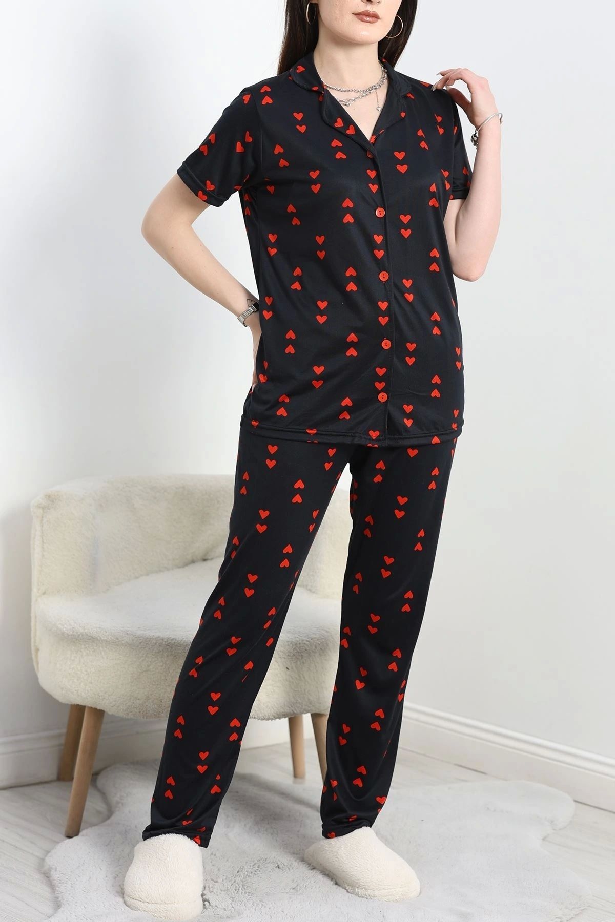 OurStyles Milan Kumaş Düğmeli Pijama Takımı Kalplisiyah - 50145.1857.