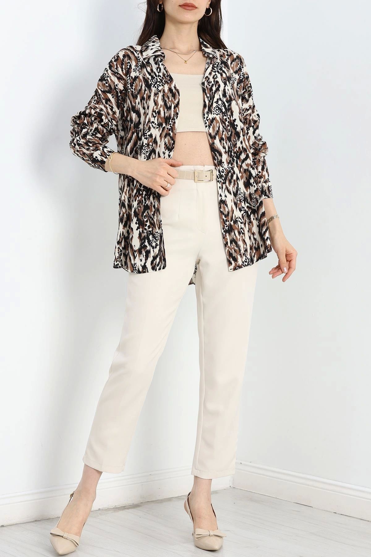 OurStyles Desenli Oversize Dokuma Gömlek Sütlükahve - 1802.1095.
