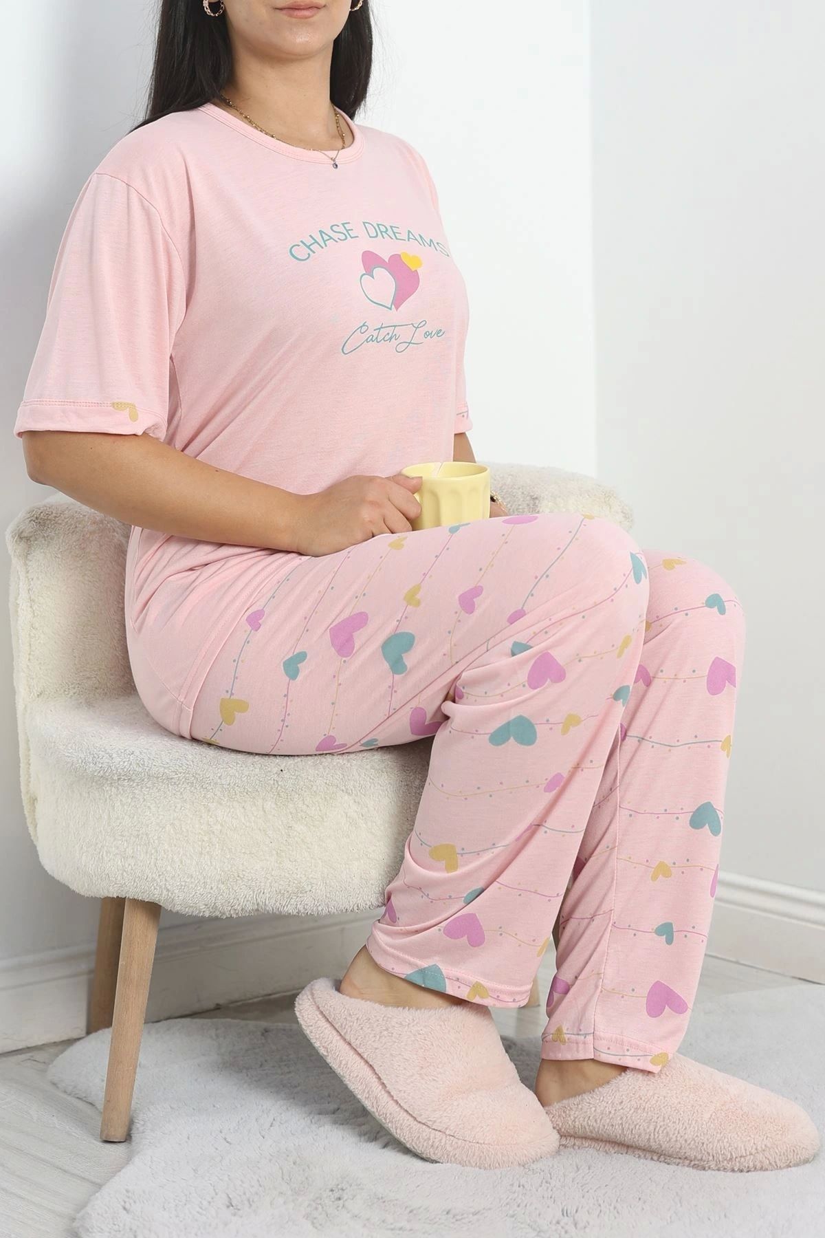 OurStyles Büyük Beden Poliviskon Pijama Takımı Pembeyeşil - 40640.1049.