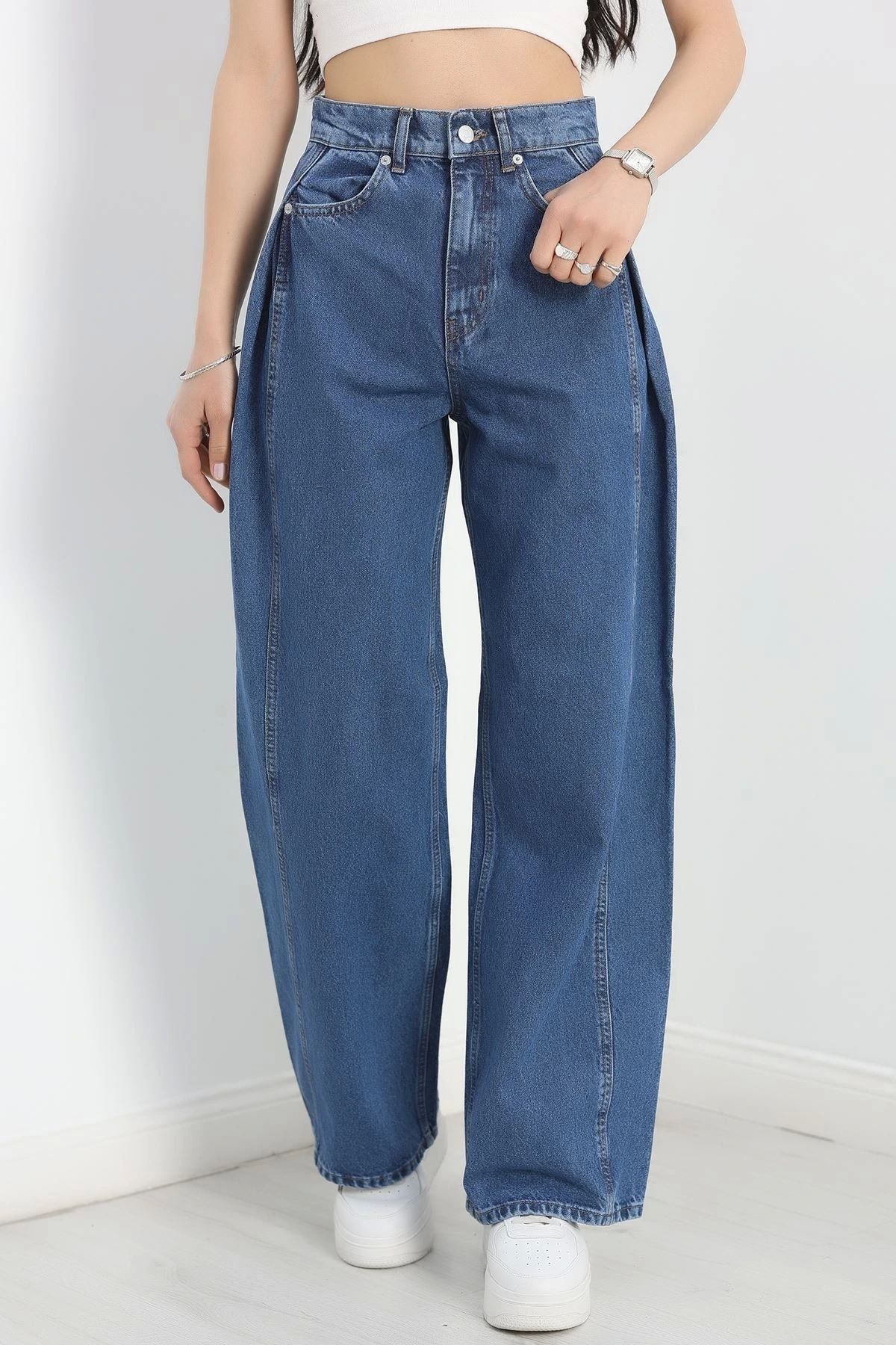 OurStyles Büzgü Detaylı Baggy Kot Pantolon Lacivert - 30434.1966.