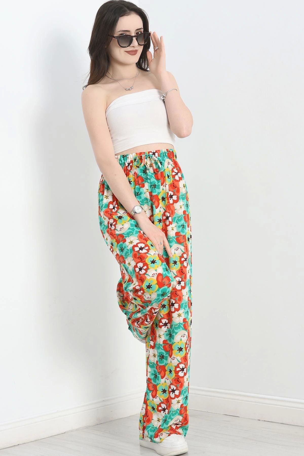 OurStyles Desenli Viskon Pantolon Yeşilkırmızı - 40988.701.