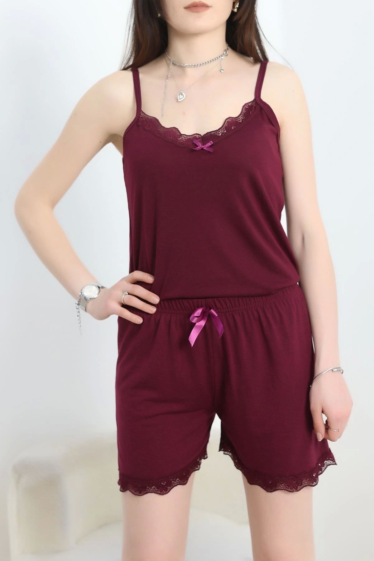 OurStyles Dantelli Viskon Şortlu Pijama Takımı Mürdüm - 50387.1050.
