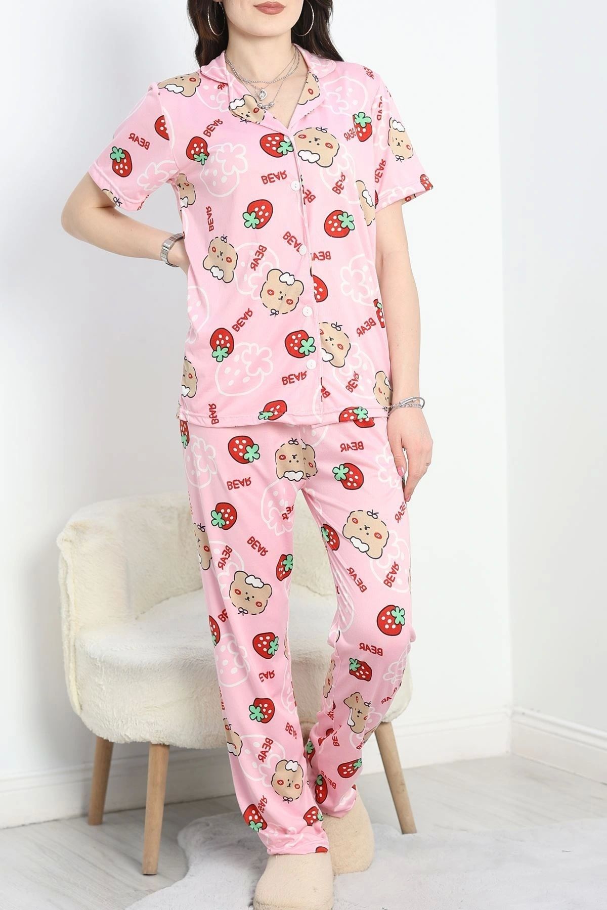 OurStyles Milan Kumaş Düğmeli Pijama Takımı Pembeçilek - 50145.1857.