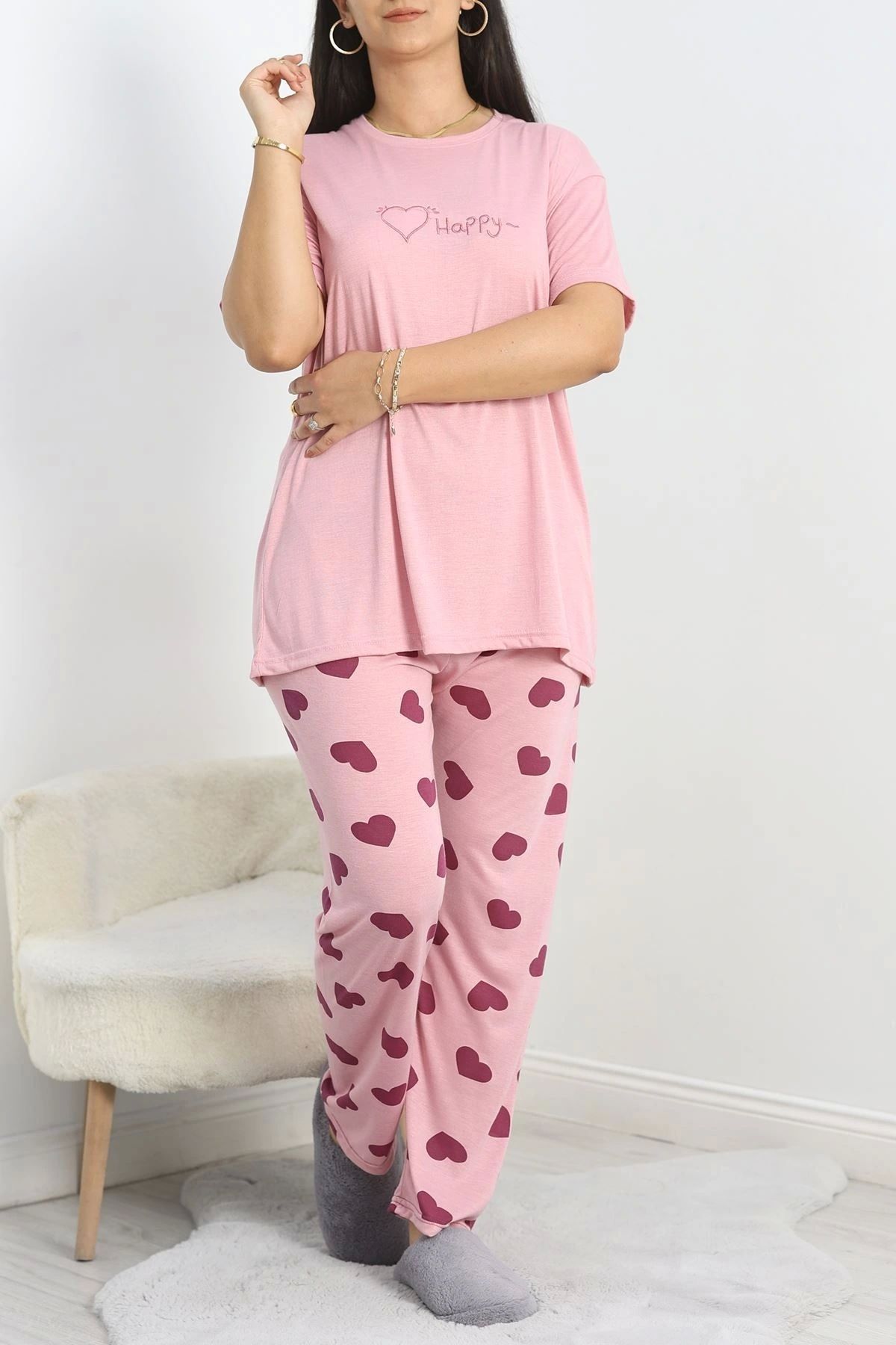 OurStyles Büyük Beden Poliviskon Pijama Takımı Gülkurusu - 40925.1961.