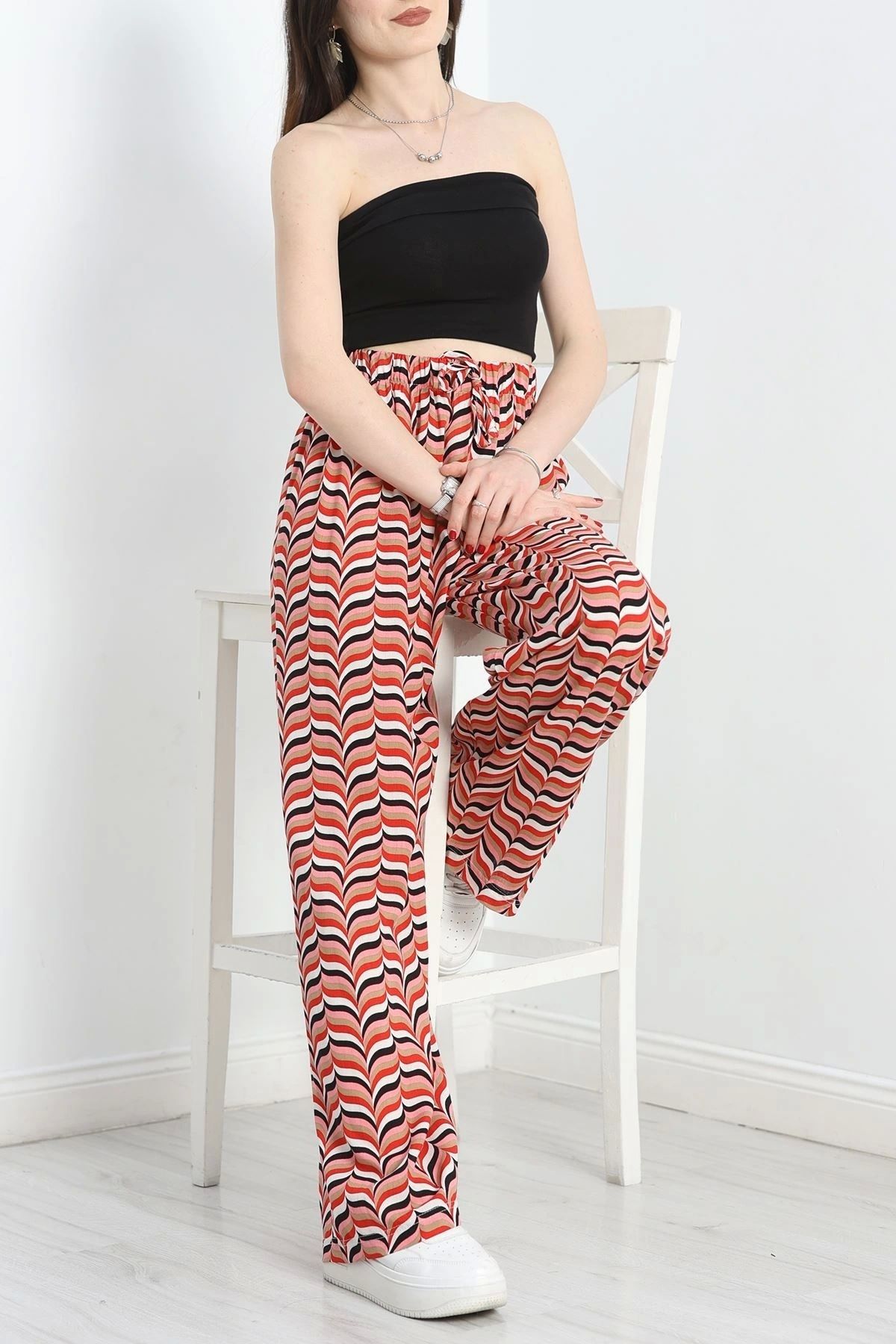 OurStyles Desenli Viskon Pantolon Pembekırmızı - 40988.701.