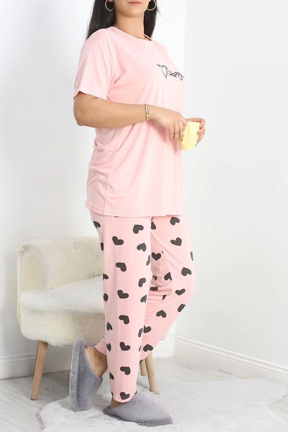 OurStyles Büyük Beden Poliviskon Pijama Takımı Pudrasiyah - 40925.1961.