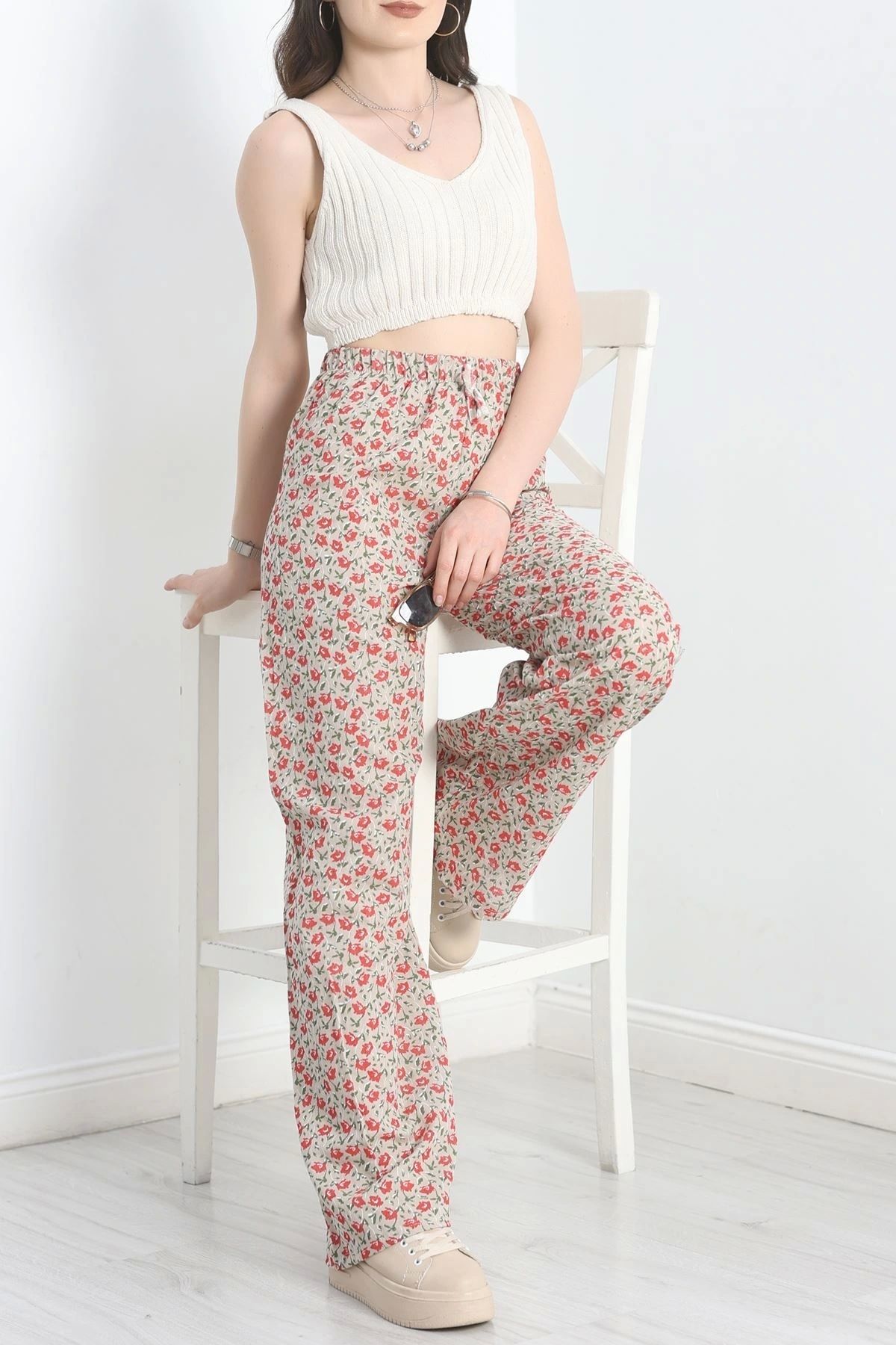OurStyles Desenli Keten Pantolon Grikırmızı - 40997.701.