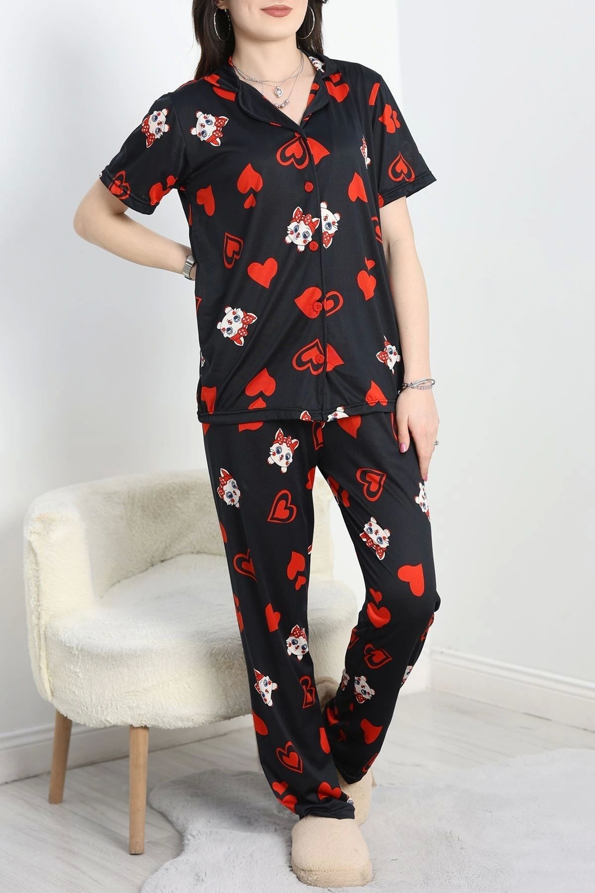 OurStyles Milan Kumaş Düğmeli Pijama Takımı Siyahkırmızı - 50145.1857.