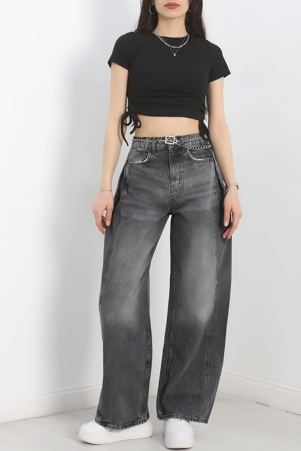 OurStyles Büzgü Detaylı Baggy Kot Pantolon Füme - 30434.1966.