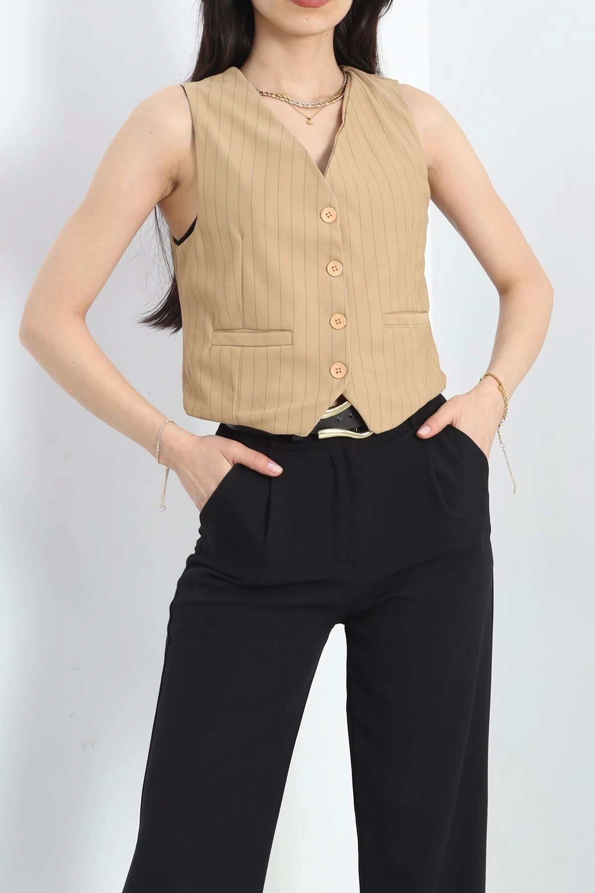 OurStyles Çizgili Astarlı Yelek Bisküvi