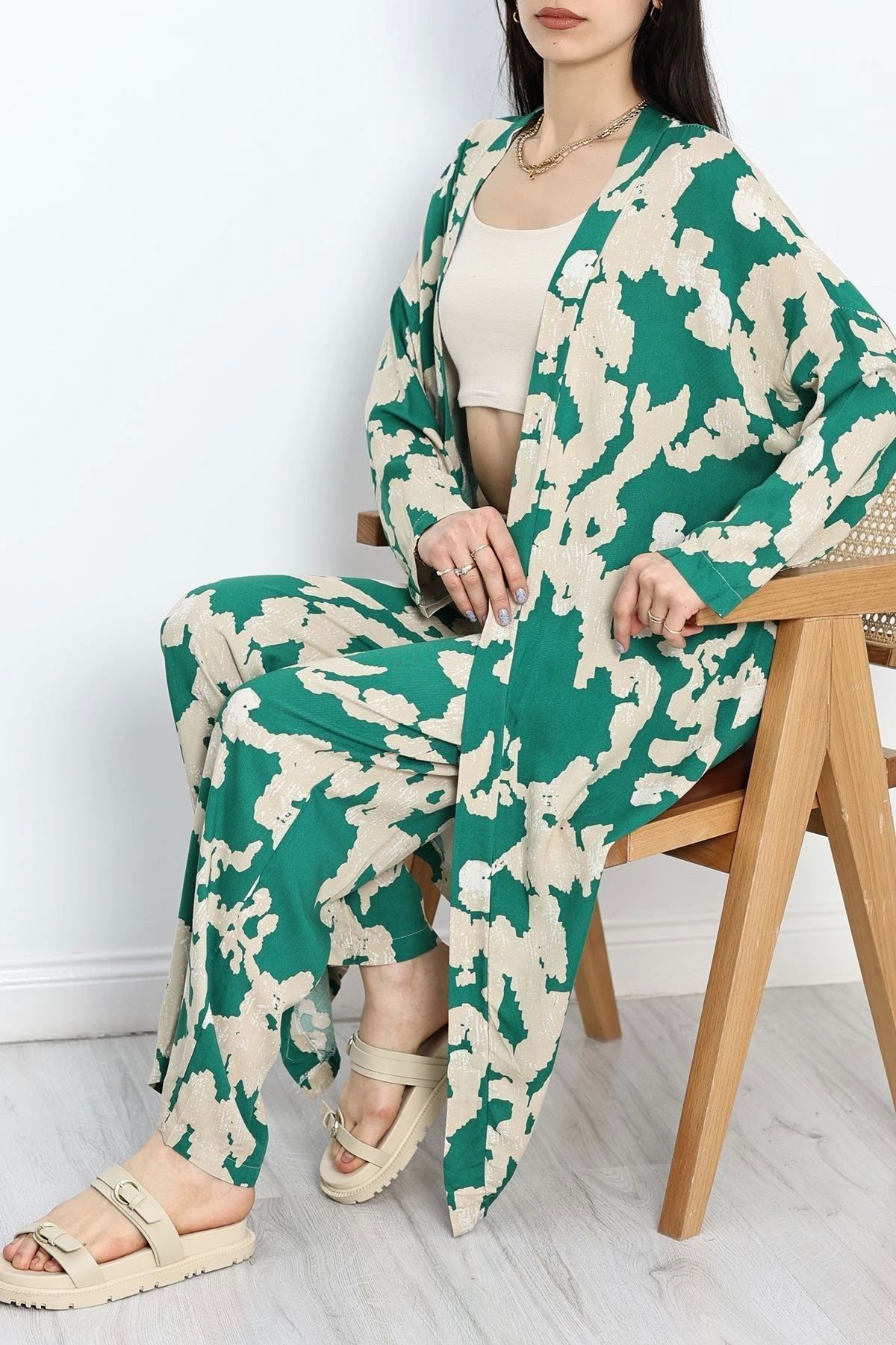 OurStyles Desenli Kimono Takım Yeşilbej - 19767.1247.