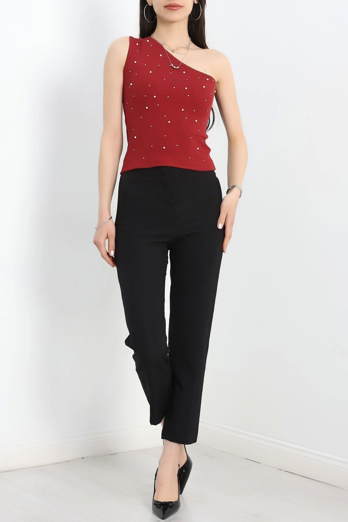 OurStyles Tek Omuz Taş Detay Bluz Bordo - 70060.599.