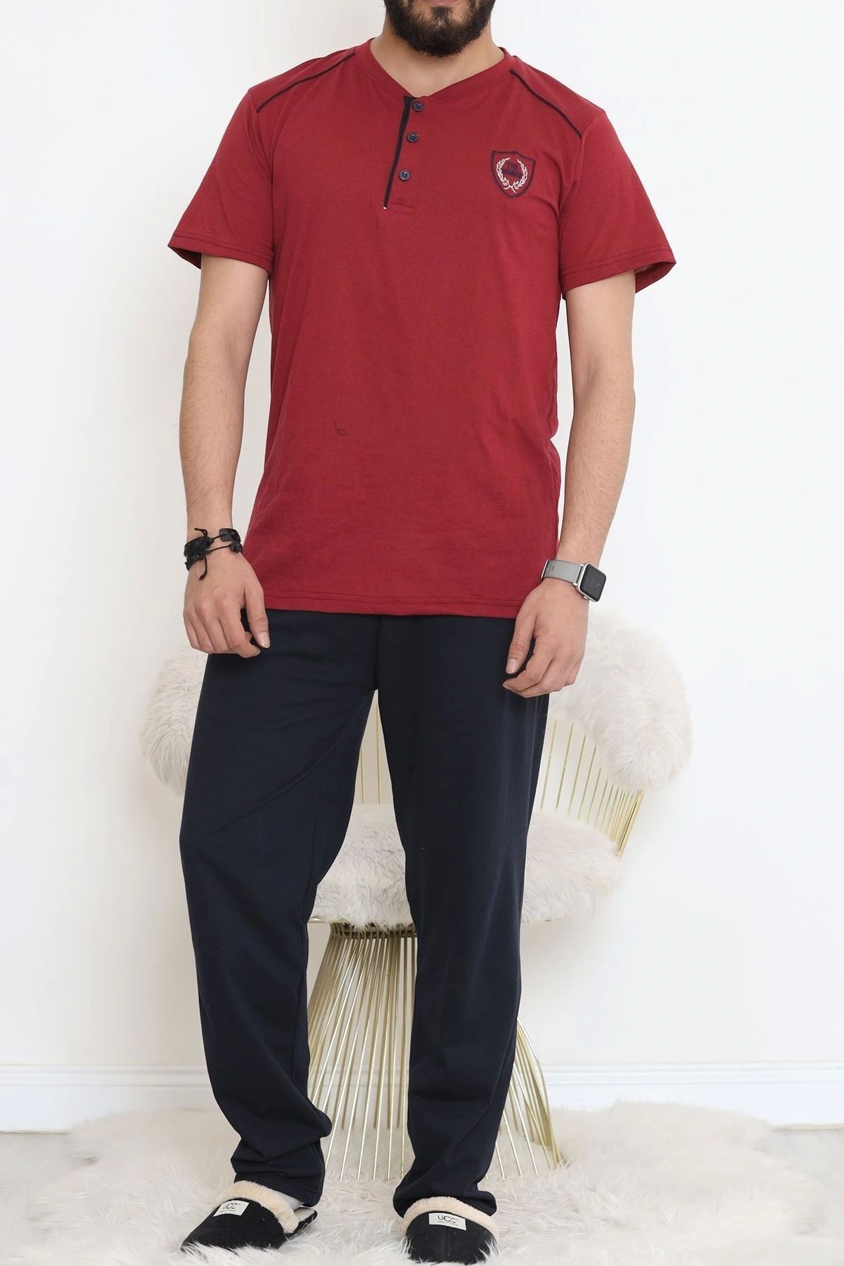 OurStyles Düğmeli Erkek Pijama Takımı Bordolaci - 17370.1048.