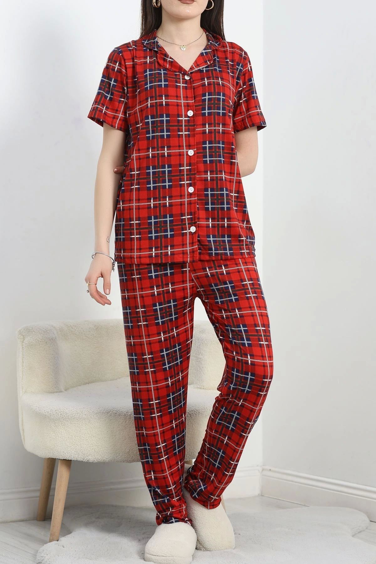 OurStyles Milan Kumaş Düğmeli Pijama Takımı Kırmızıekose - 50145.1857.
