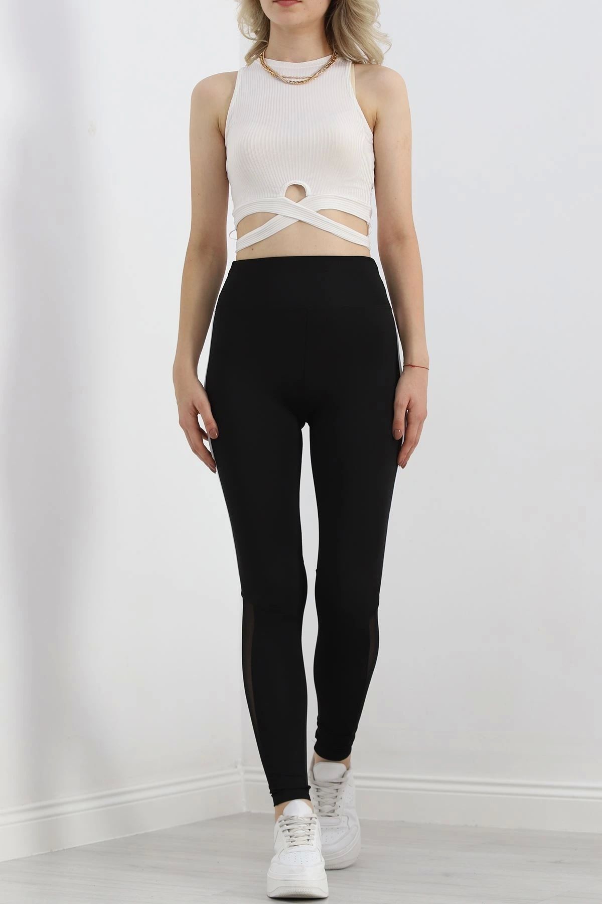 OurStyles Paça Tül Şeritli Dalgıç Tayt Siyah - 7524.1098.