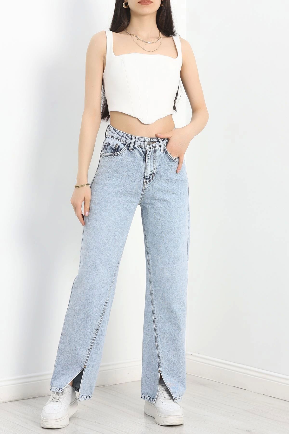OurStyles Yırtmaç Detaylı Palazzo Kot Pantolon Buzmavi - 30381.1975.