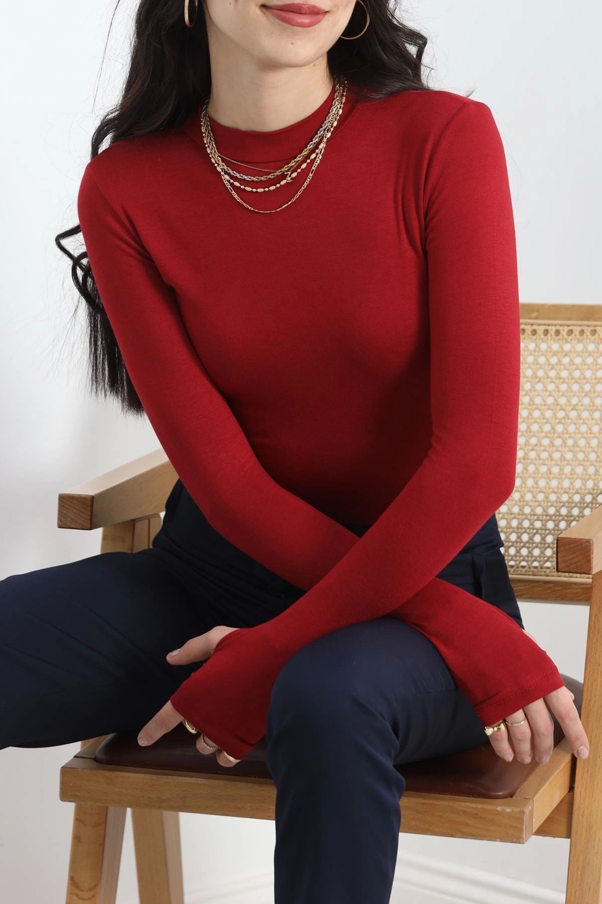OurStyles Dik Yaka Parmak Geçmeli Viskon Body Bordo - 40076.599.
