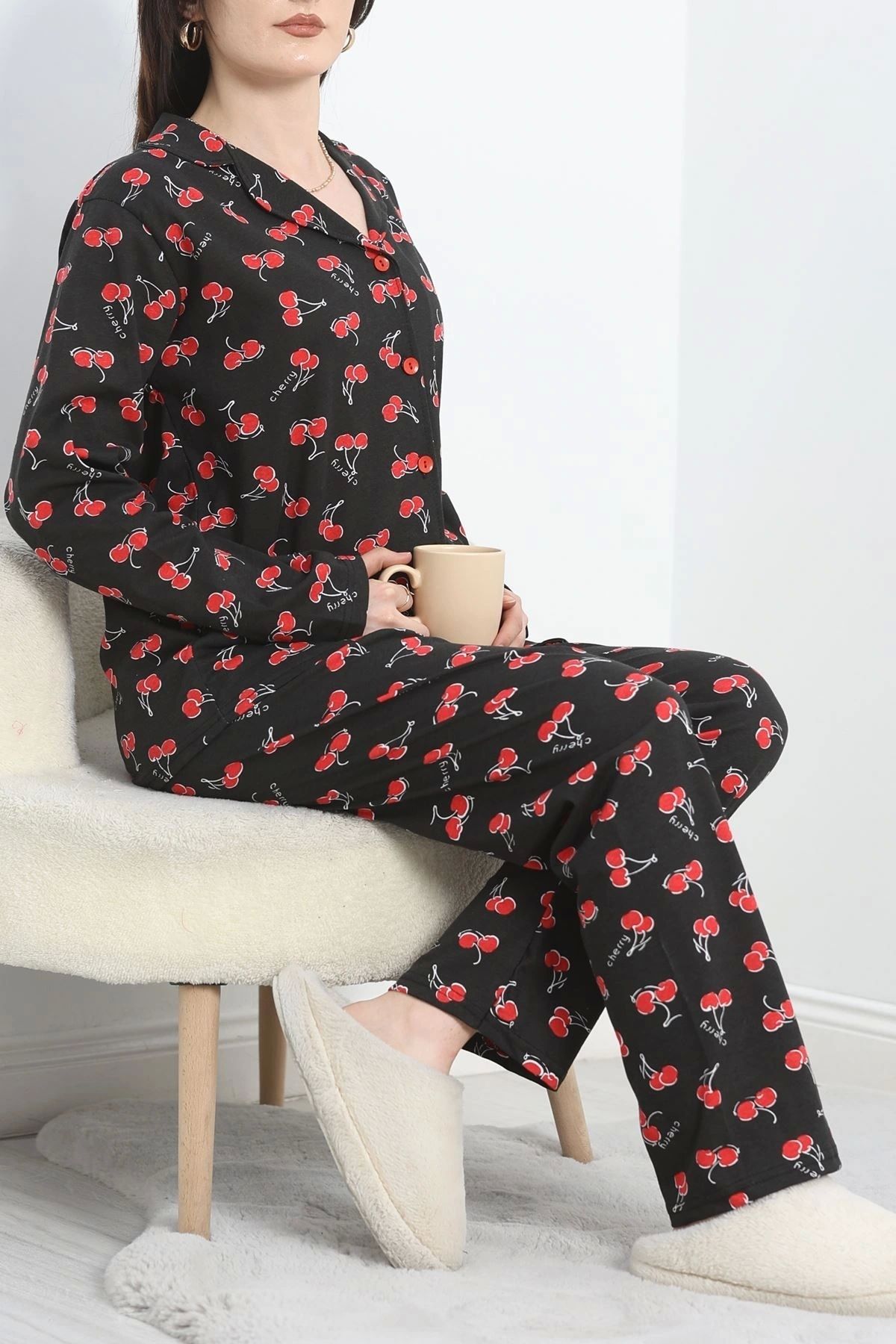 OurStyles Süprem Düğmeli Pijama Takımı Siyahkiraz - 50160.1857.