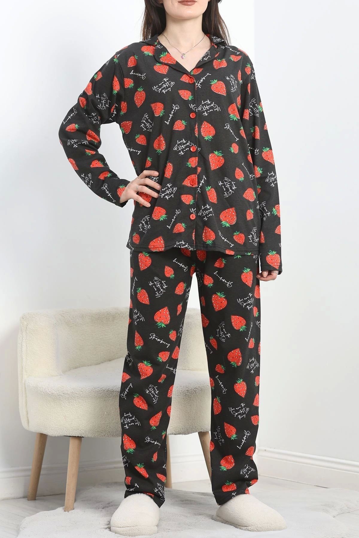 OurStyles Süprem Düğmeli Pijama Takımı Siyahçilek - 50160.1857.