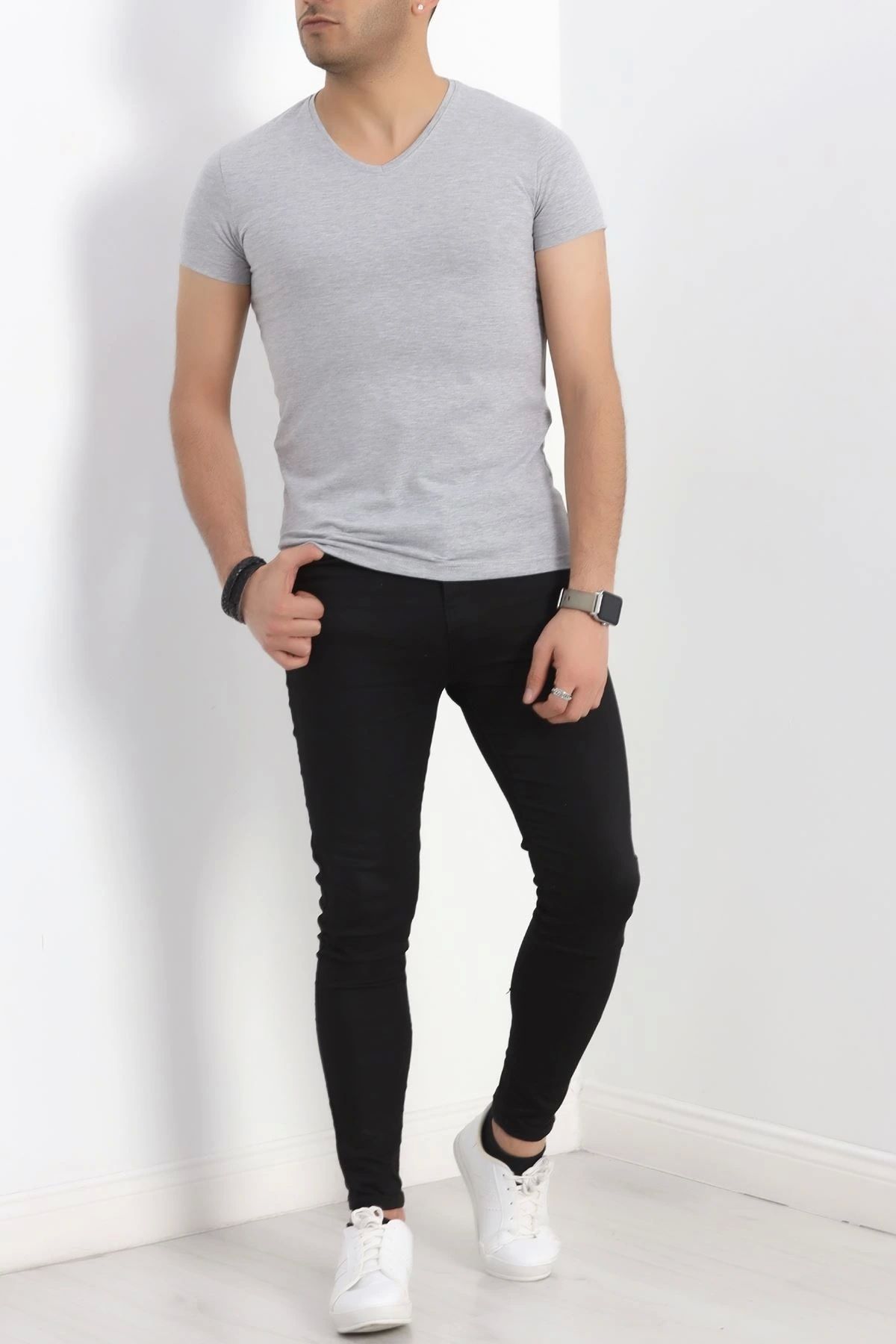 OurStyles Erkek Slim Fit Kısa Kol V Yaka Body Gri - 19956.200.