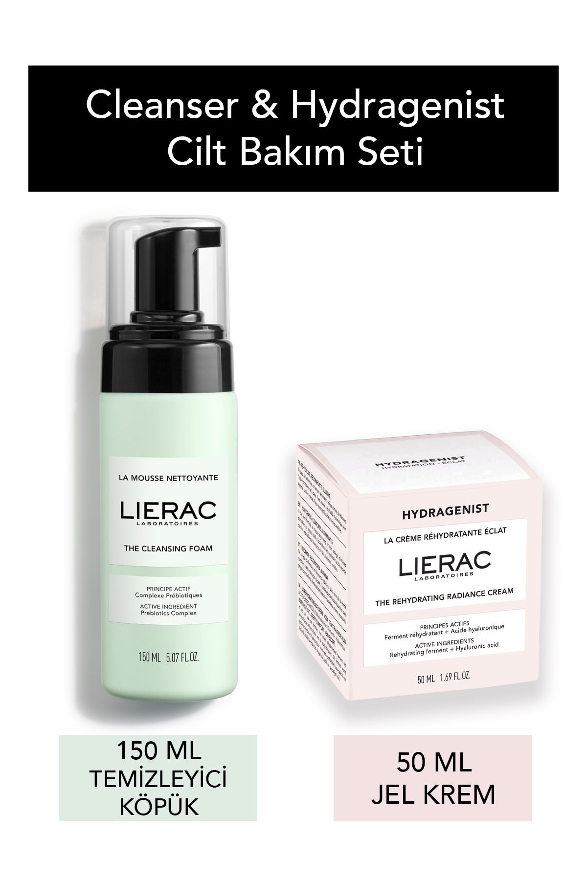 Lierac 2 Adımda Canlandırıcı Cilt Bakım Seti – Temizleyici Köpük & Hydragenist Jel Krem