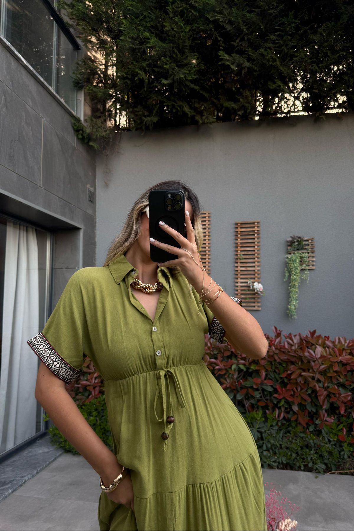 XXL BUTİK Kadın gömlek yaka kol detaylı keten elbise X-NBMY3080
