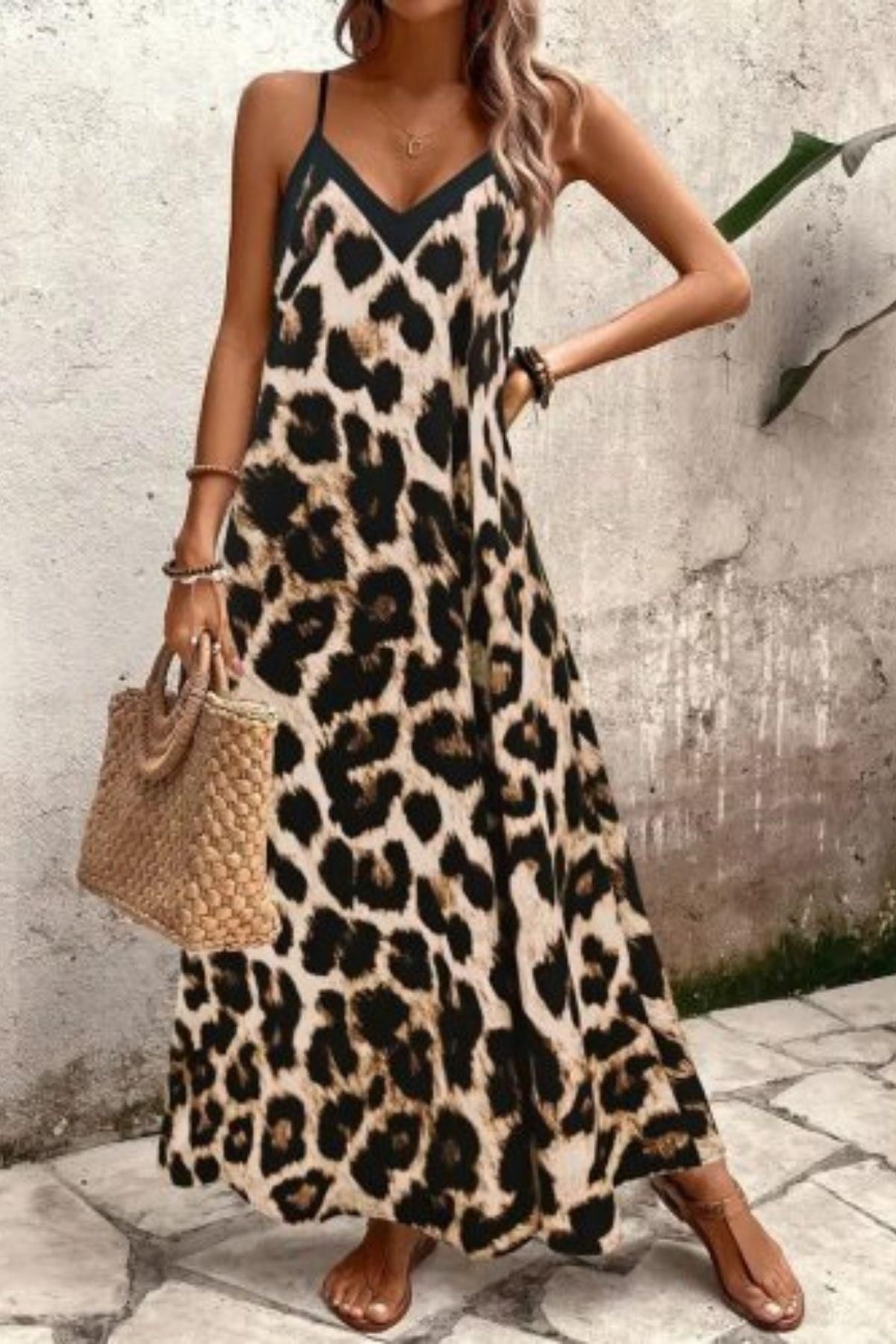 DÖPİYES Leopar Desenli İp Askılı Maxi Süprem Elbise