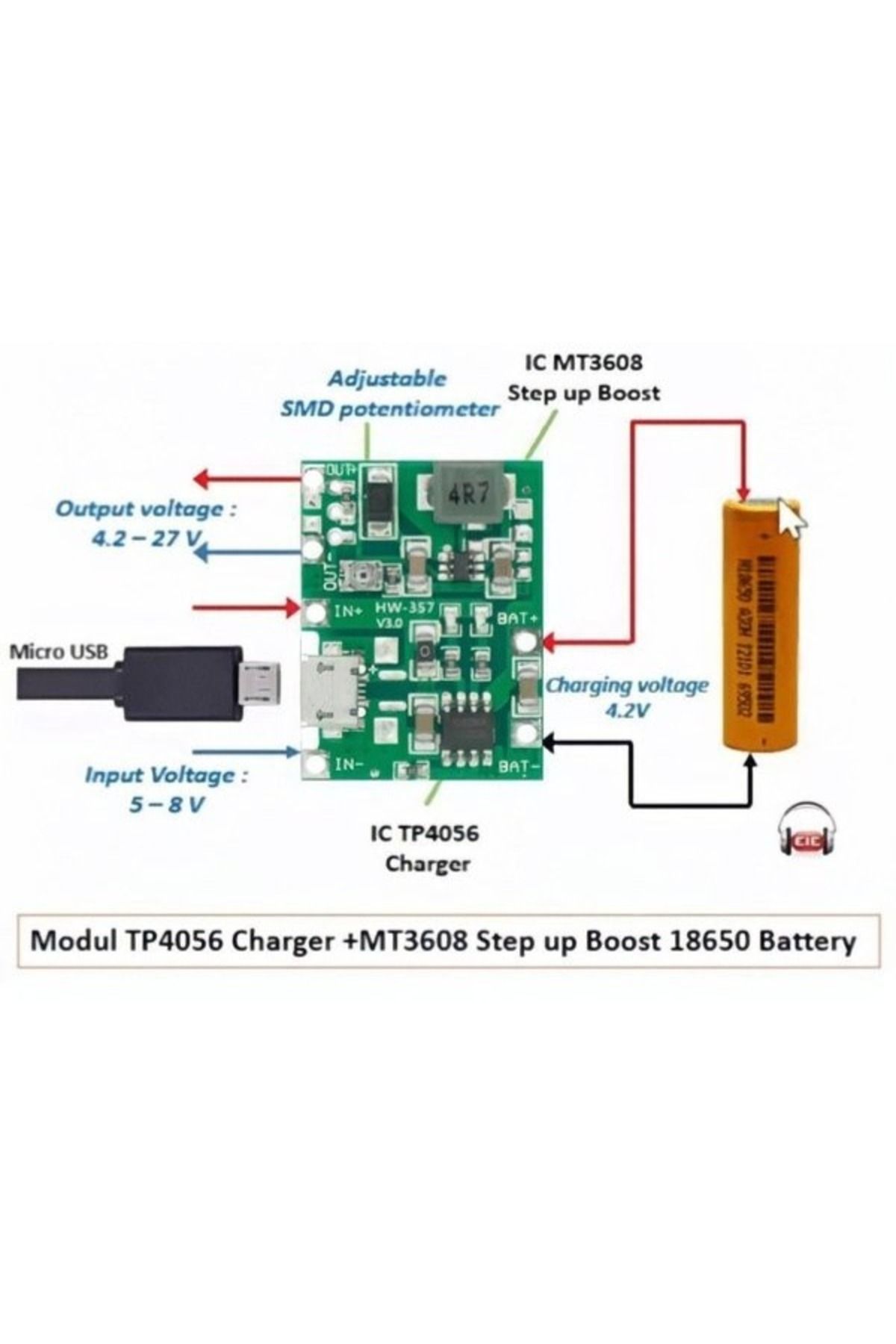 gözeler TP4056 Pil Şarj ve Voltaj Yükseltici 3.7V 4.2V Micro Usb