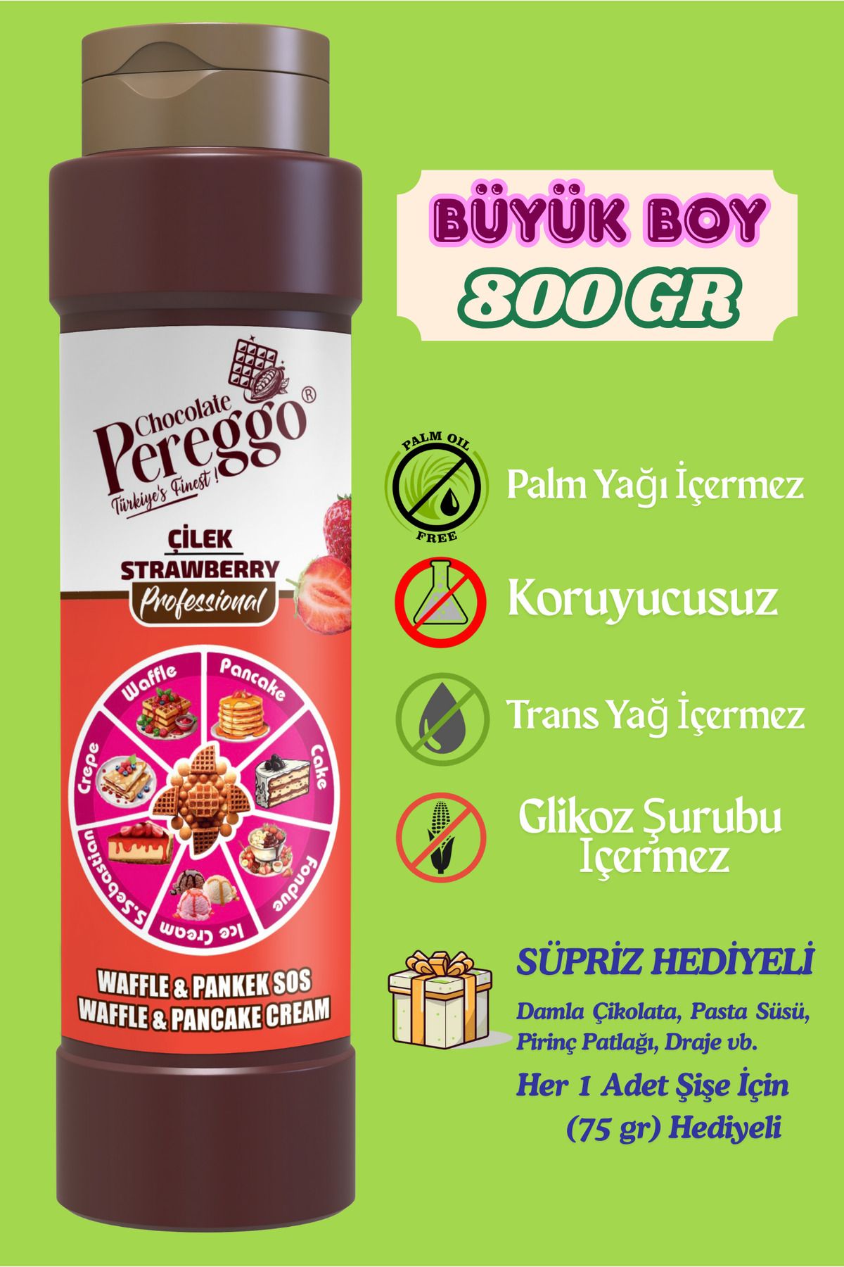 PEREGGO CHOCOLATE Çilek Aromalı Sos - Waffle, Pankek, Krep, Fondü, Pasta, Kruvasan, San Sebastian Sos 800gr
