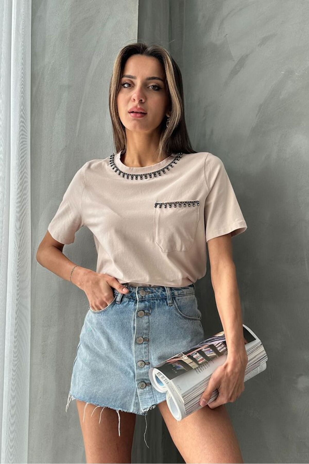 SKYstyles Yaka ve cep taşlı bluz