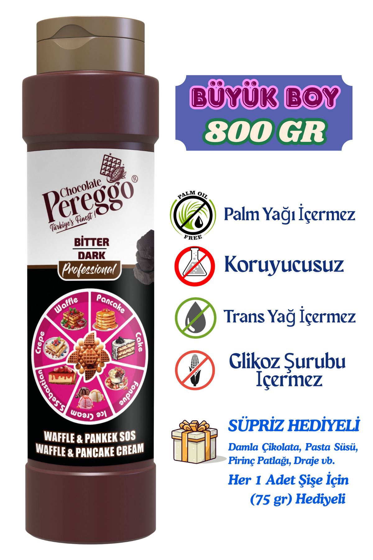 PEREGGO CHOCOLATE Bitter Çikolata Sos - Waffle, Pankek, Krep, Fondü, Pasta, Kruvasan, San Sebastian Sos 800gr
