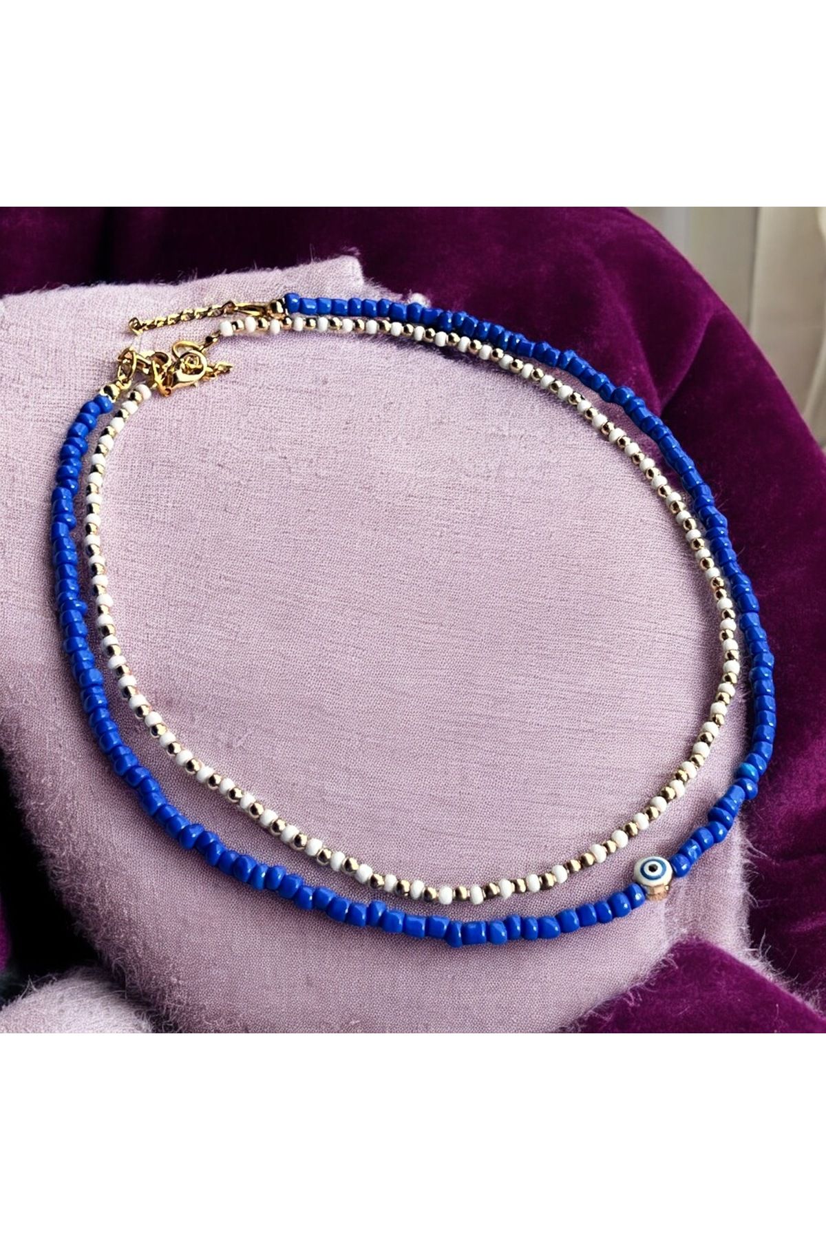 PS ACCESSORİES Boncuk kolye mavi beyaz 2 Adet