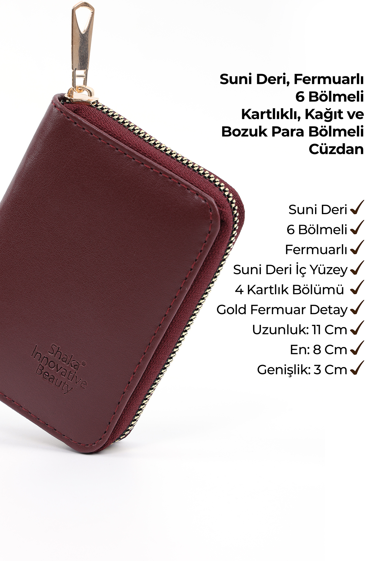 Shaka  Bordo SHK63 Kartlıklı Bozuk Para Ve Kağıt Para Bölmeli Fermuarlı Şık Suni Deri Cüzdan - Görsel 8