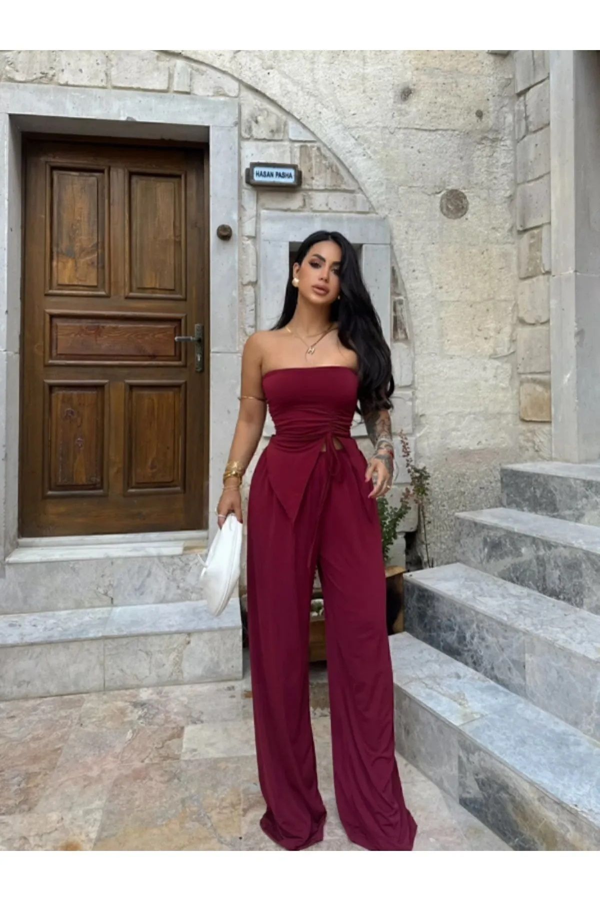 MÇmoda MÇ MODA Kadın Straplez Büzgülü Bluz Salaş Rahat Pantolon İkili Takım