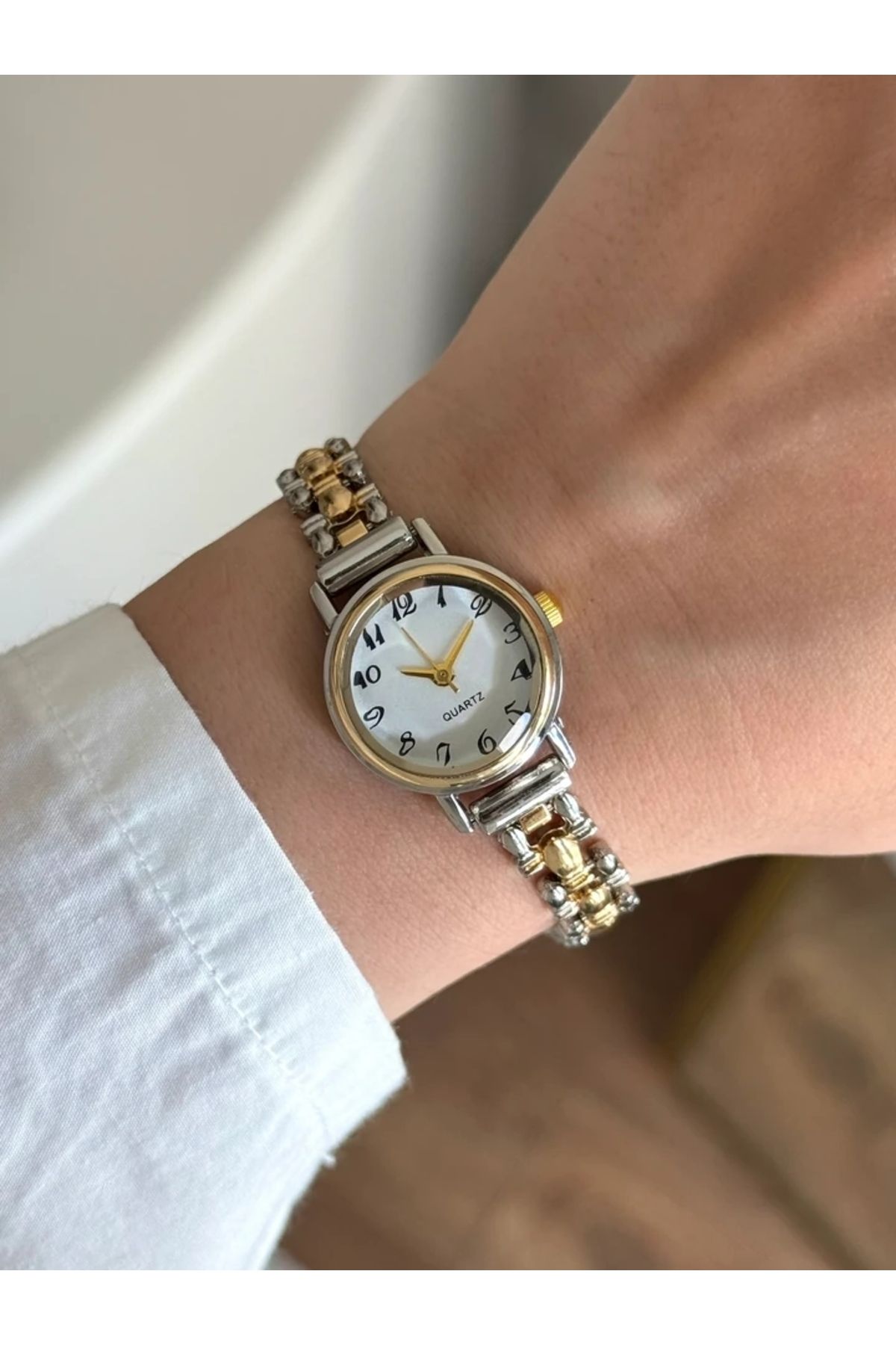 RoseandRoses Ceny Vintage Model Özel Tasarım Kadın Kol Saati Gold-Gümüş (Beyaz Kadran)