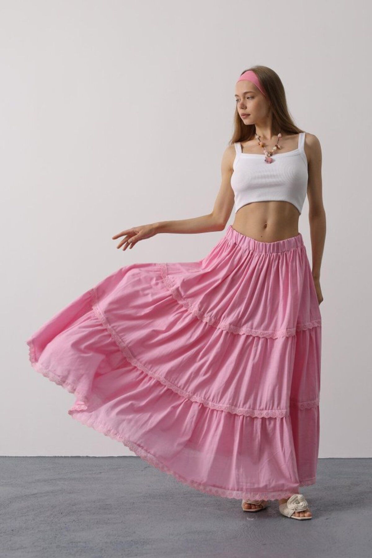 Eserden Dantel Detaylı Etek - Pembe