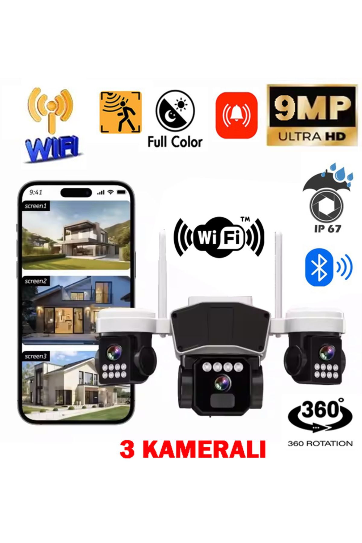 Venas 3 Kameralı Wifi Ultra HD 9 MP Yeni Yapay Zekalı Hareket takipli Güvenlik kamerası