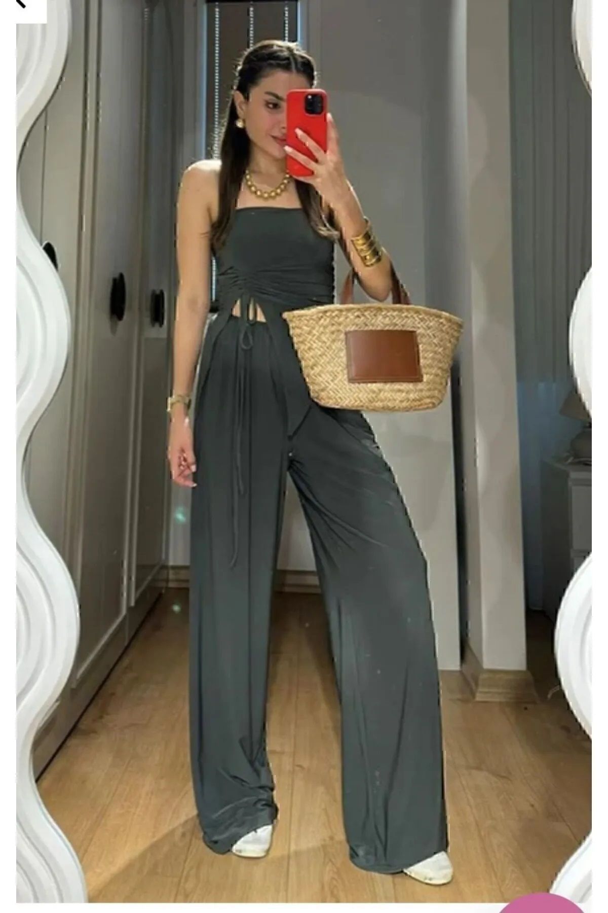 MÇmoda MÇ MODA Kadın Straplez Büzgülü Bluz Salaş Rahat Pantolon İkili Takım