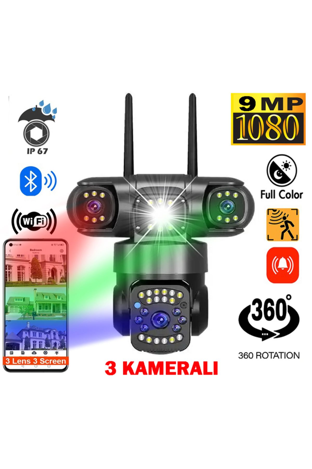 Venas 3 Kameralı wifi Alarmlı Hareket Takipli 9mp Full HD Alarmlı Güvenlik Kamerası